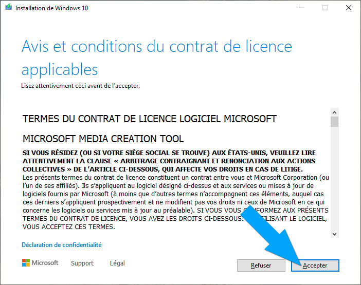 Accepter les conditions du contrat de licence Windows 10