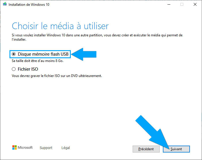 Choix du média pour créer une clé USB bootable Windows 10