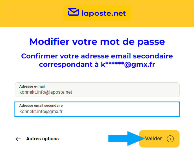 Confirmation de l'adresse secondaire pour récupération de mot de passe Laposte.net