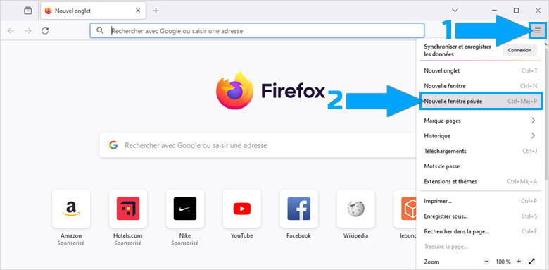 Ouvrir une nouvelle fenêtre de navigation privée sur Mozilla Firefox
