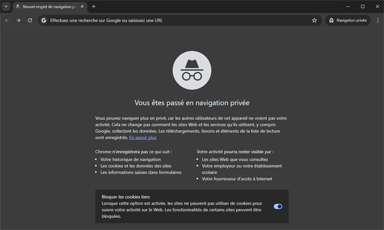 Page d'accueil de la fenêtre de navigation privée sur Google Chrome