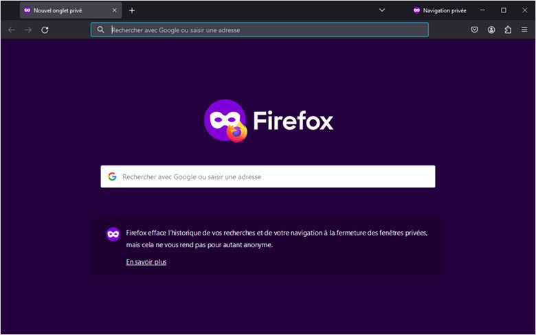 Page d'accueil de la fenêtre du mode incognito sur Mozilla Firefox