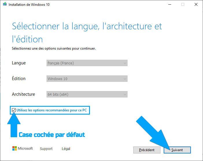 Sélection de la langue et l'architecture de Windows 10